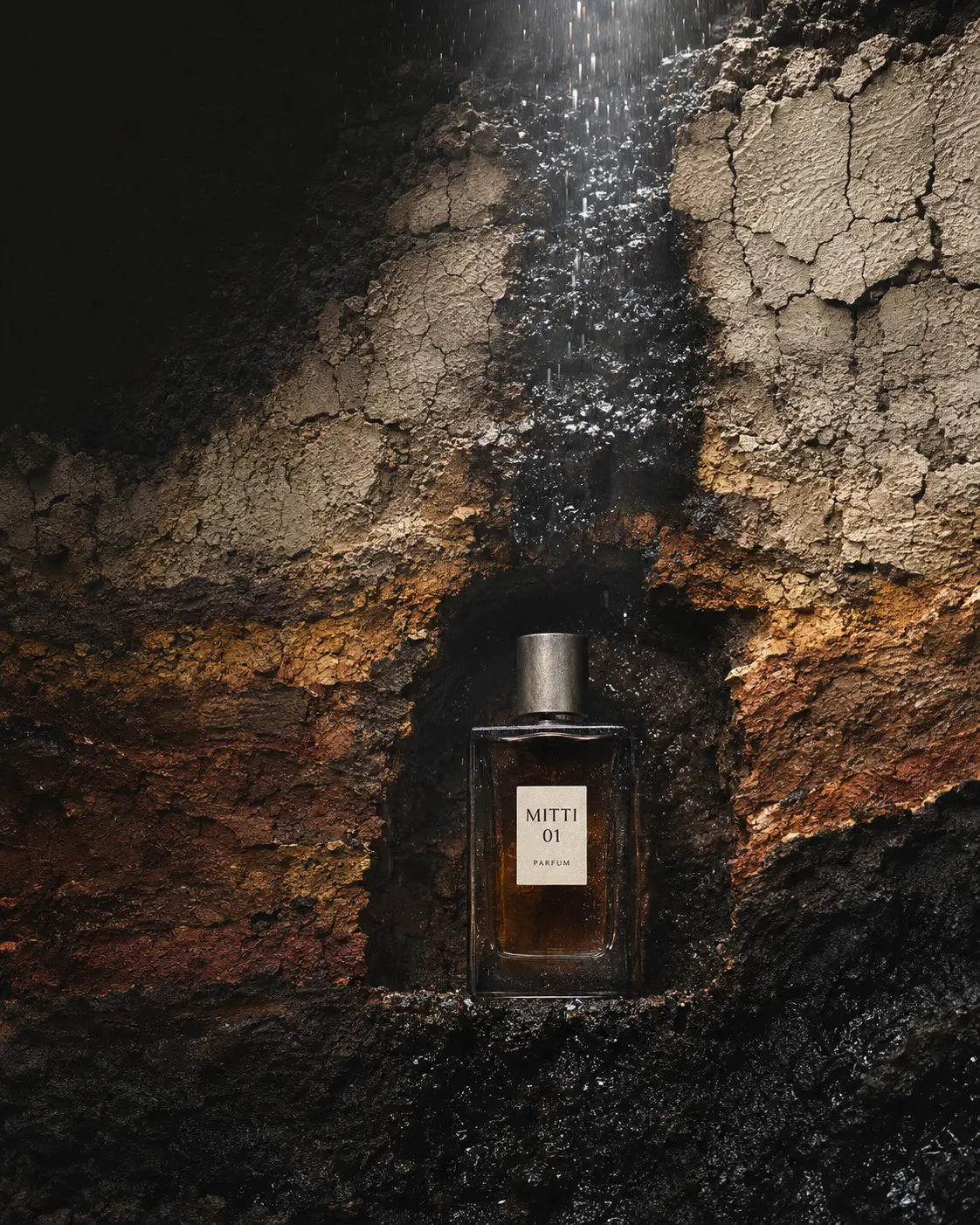 MITTI 01 fragrance bottle revealed in rain-darkened mineral earth