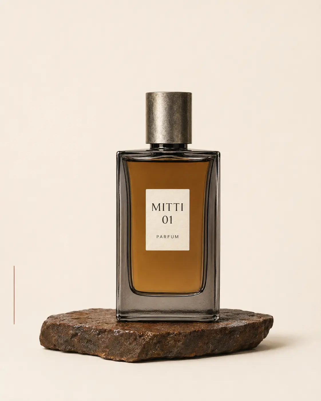 Clean MITTI 01 fragrance bottle packshot on mineral clay