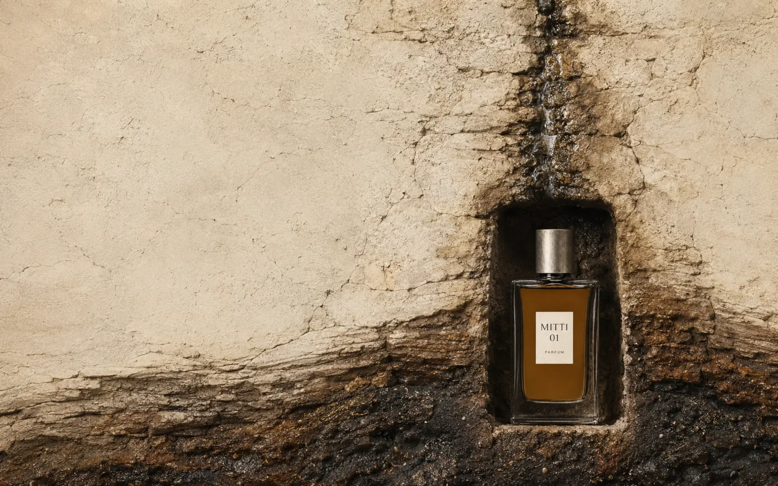 MITTI fragrance revealed in a precise cavity within dry and rain-darkened earth