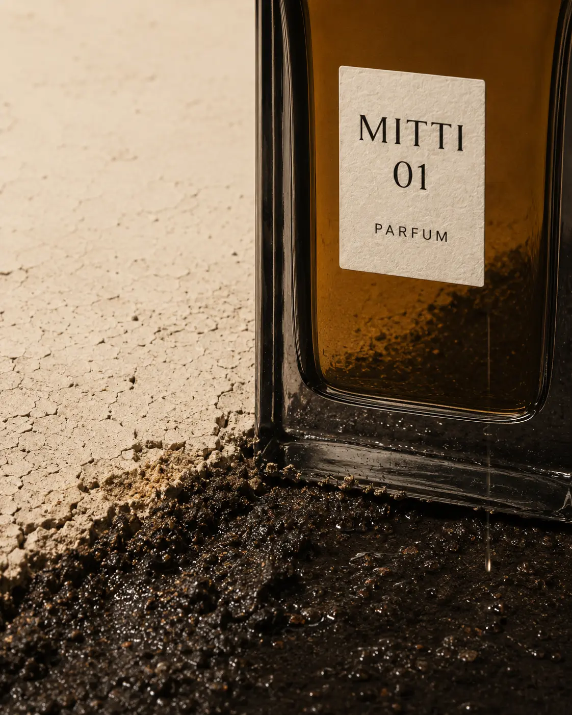Close detail of MITTI bottle crossing dry clay and wet earth