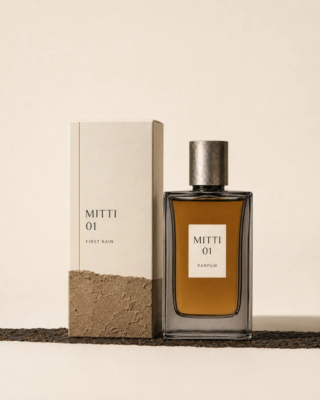 MITTI bottle and pressed-clay paper fragrance carton