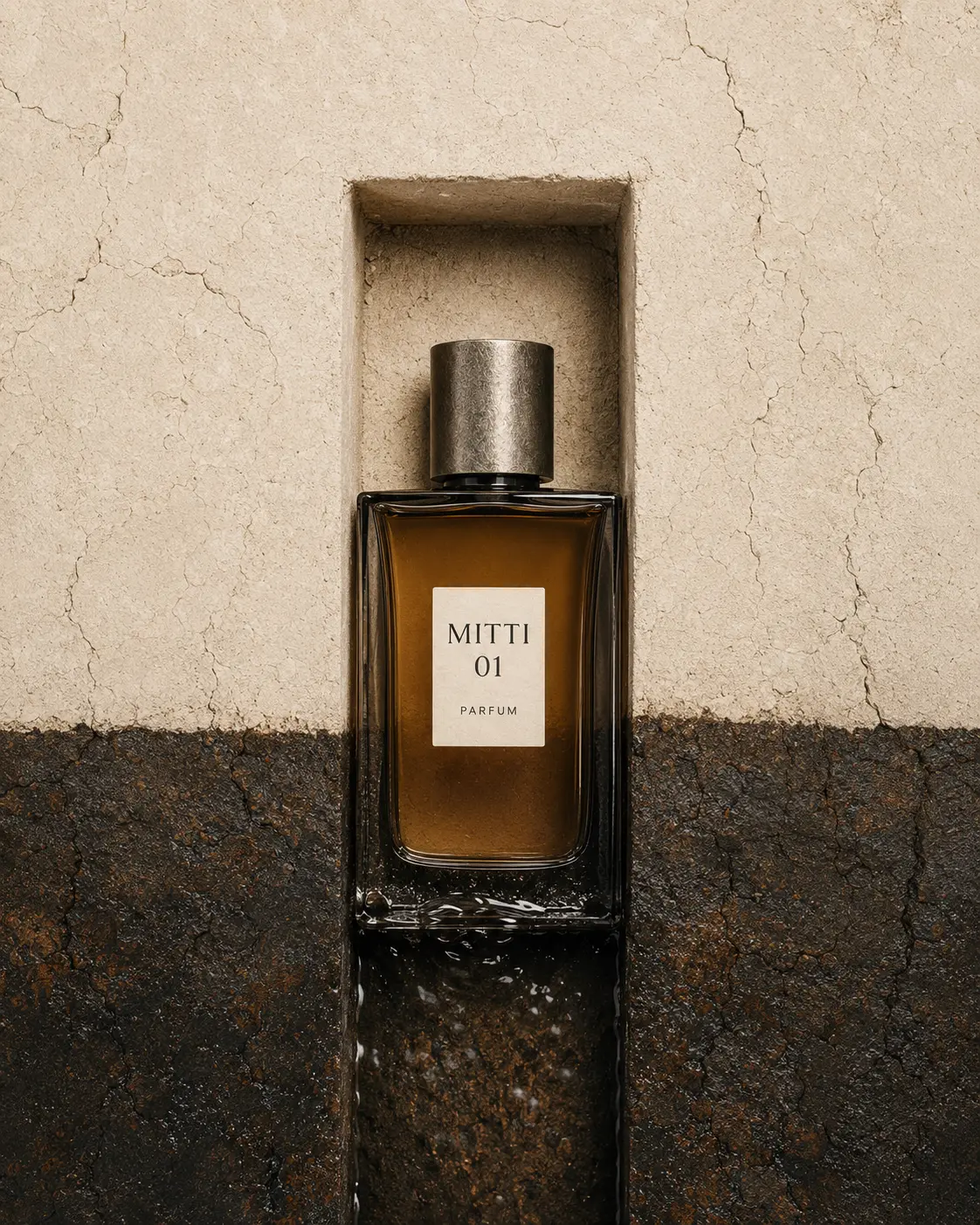 Top-down MITTI bottle aligned inside a narrow clay rain channel