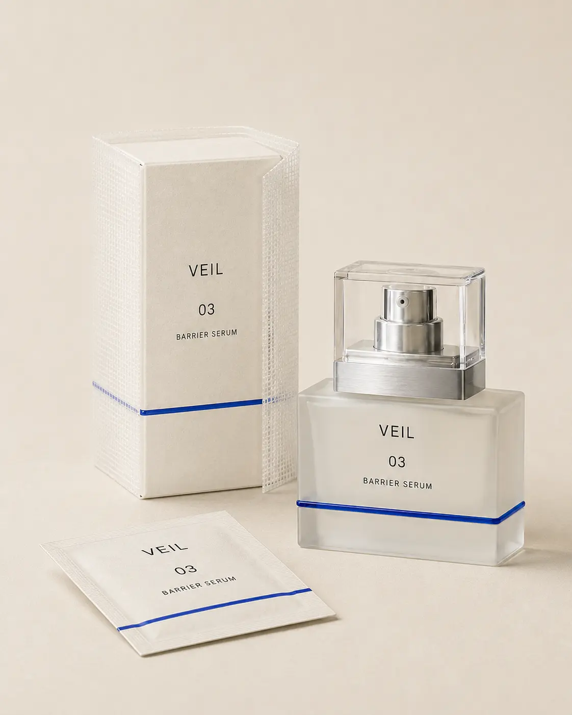VEIL serum, carton and sample sachet with coordinated cobalt seams